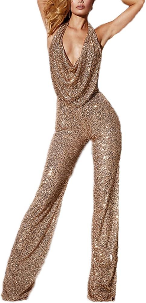 Gold Sequin Jumpsuit Sexy Black Party Sparkle Playsuit V Neck Glitter Jumpsuits Size S,M,L,XL | Amazon (US)