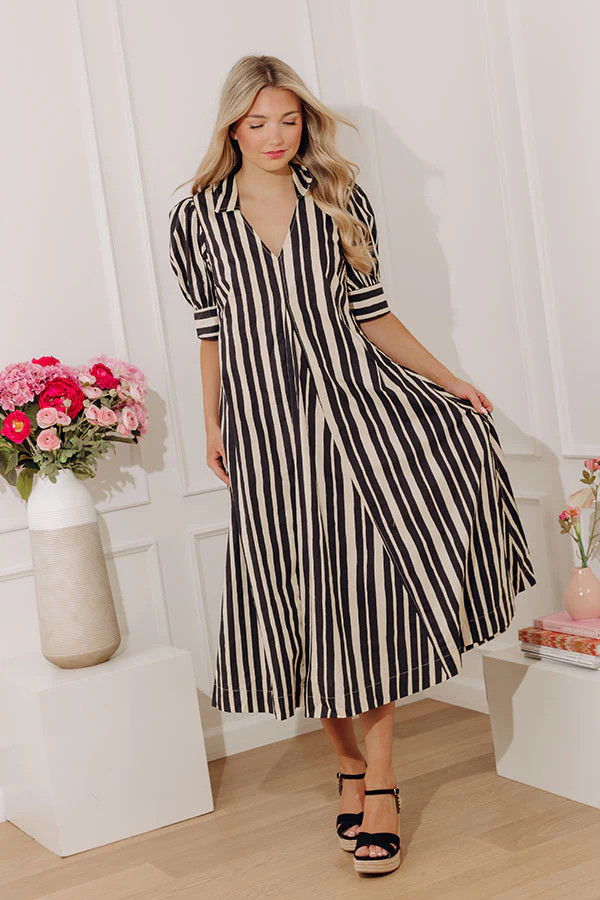 Stripe A Pose Midi Dress in Black | Impressions Online Boutique