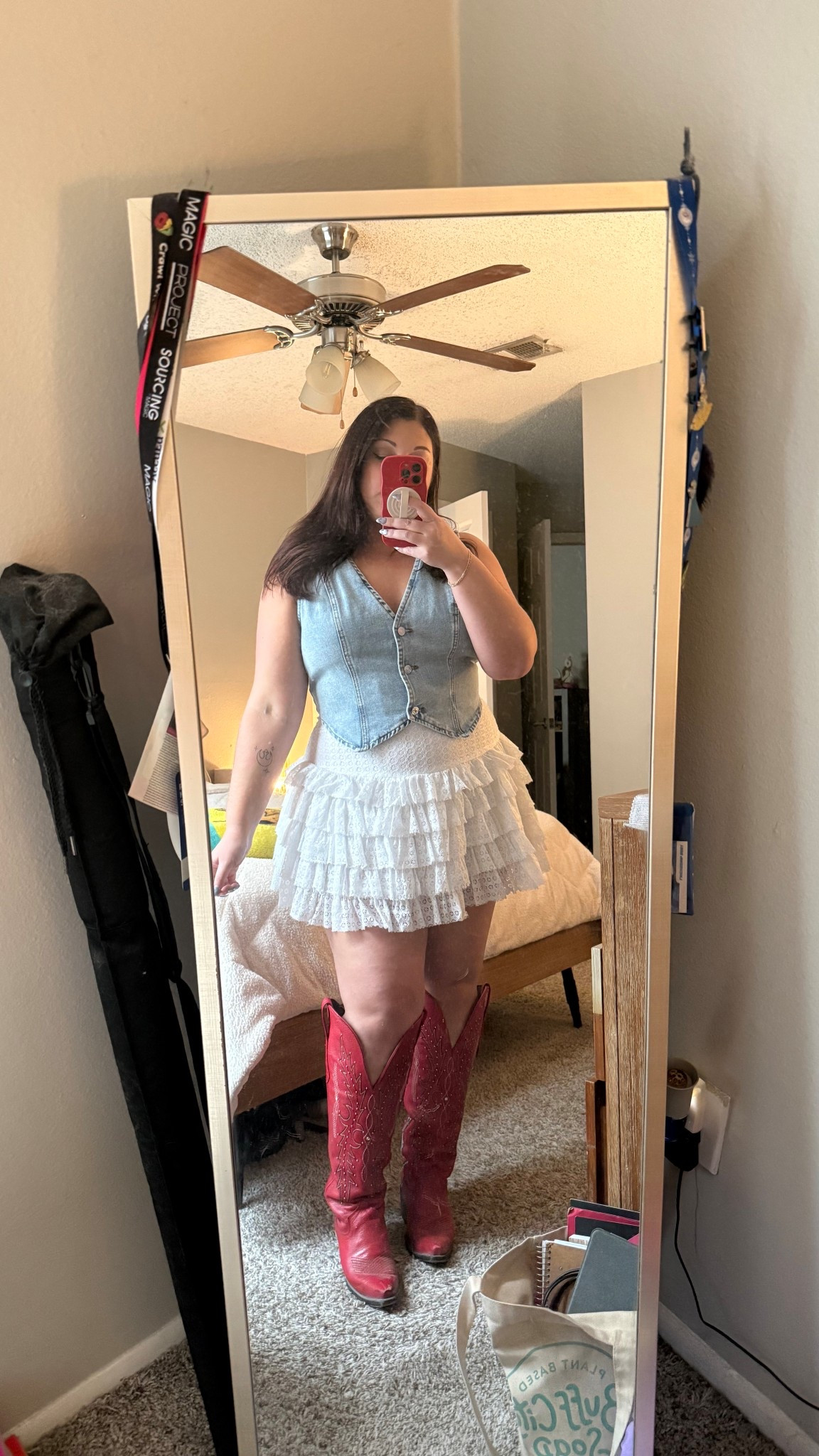 Denim vest + ruffle skirt + red cowboy boots = the cutest western combo ❤️✨ Perfect for country concerts, line dancing, or a fun girls’ night! 

Wearing a size Large in the skort and in the top. 

#LTKMidsize #LTKdayinmylife #LTKootd