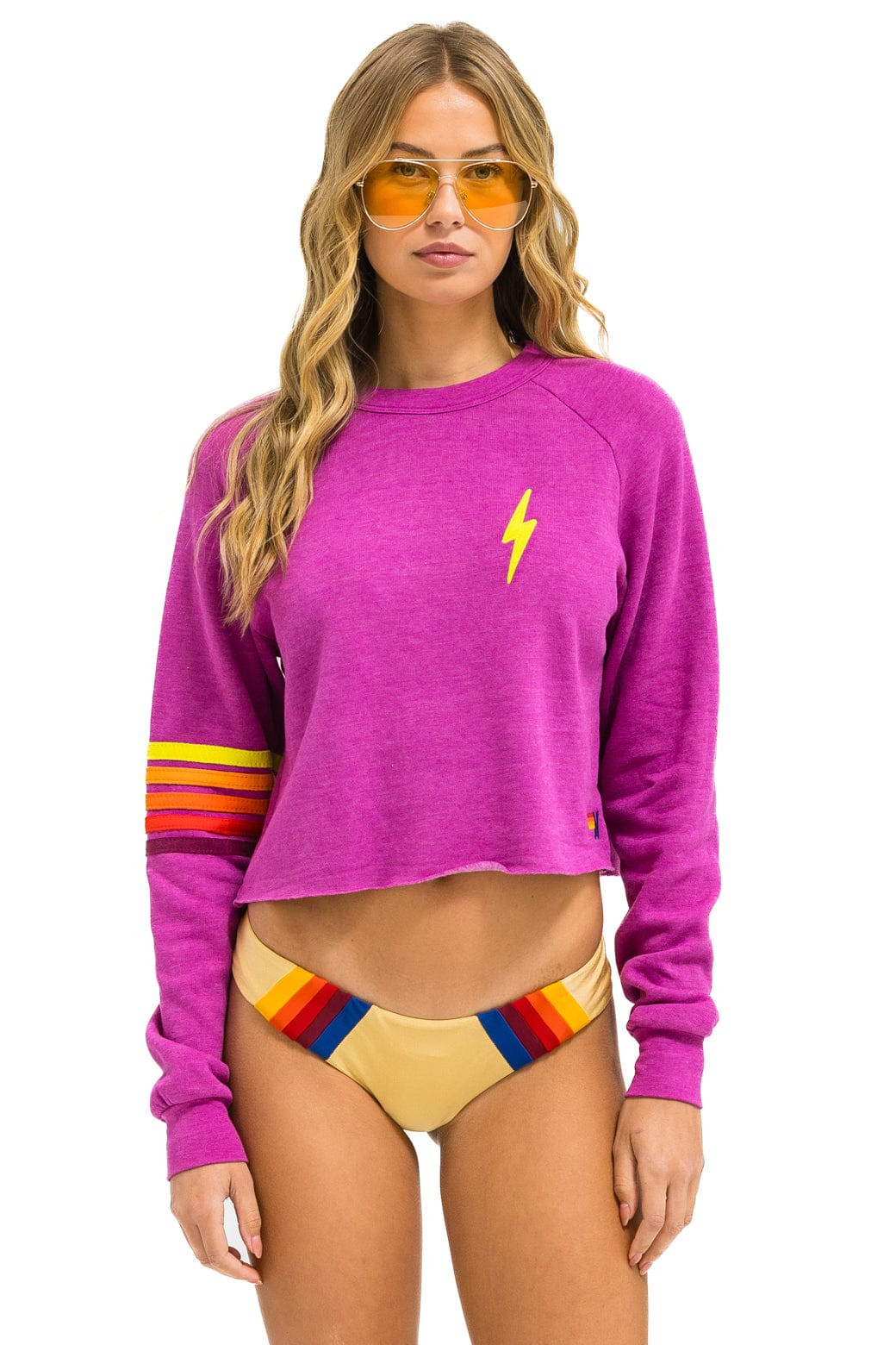 BOLT RUGBY STITCH CROPPED CREW SWEATSHIRT - MAGENTA // ORANGE // YELLO | Aviator Nation