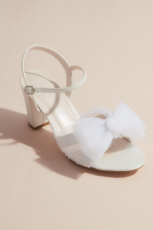 Pleated Chiffon Bow Mid-Heel Sandals | Davids Bridal