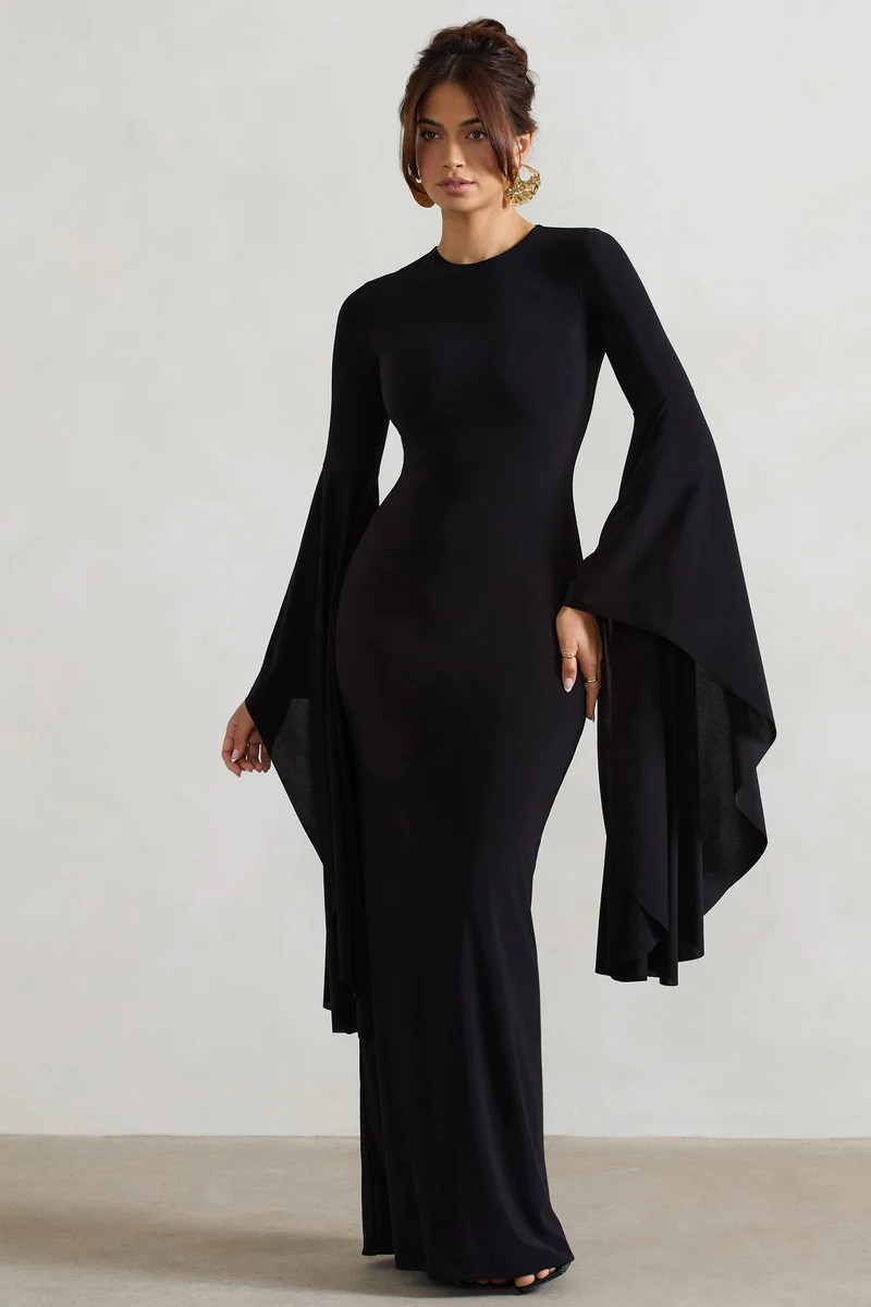 Modena | Black Waterfall Sleeve Maxi Dress | Club L London
