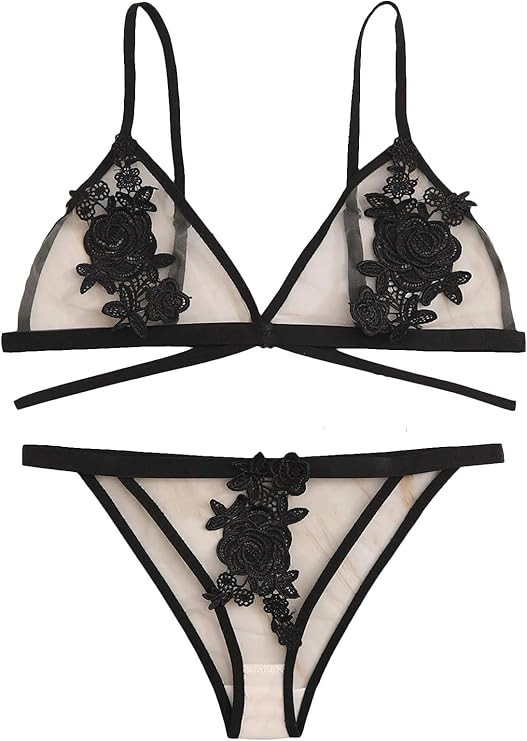 SheIn Women's Flower Crochet Sexy Sheer Mesh Harness Appliques Lingerie Set Bra and Panty Set | Amazon (US)