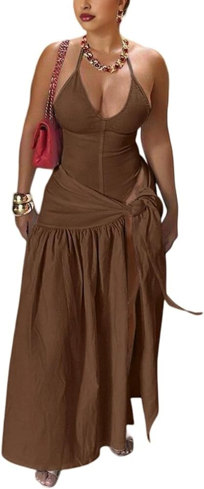 Two Piece Skirt Set Women Sexy Halter Backless Bodysuit and Wrap Tied High Split Summer Maxi Skir... | Amazon (US)