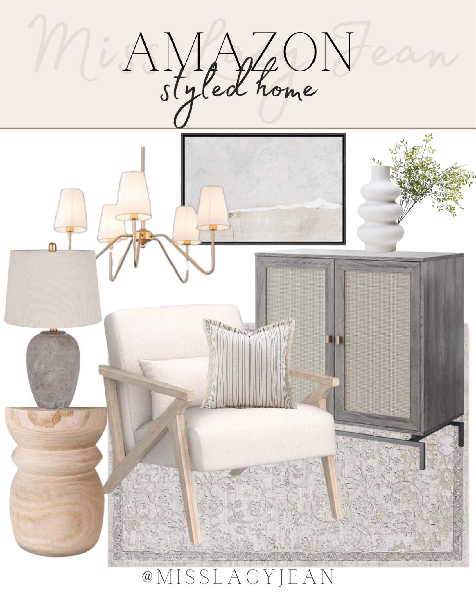 Amazon styled home includes small cabinet, area rug, side table, accent chair, throw pillow, table lamp, chandelier, wall art, vase, faux greenery.

Home decor, styled home, Amazon finds, Amazon home finds

#LTKfindsunder100 #LTKstyletip #LTKhome