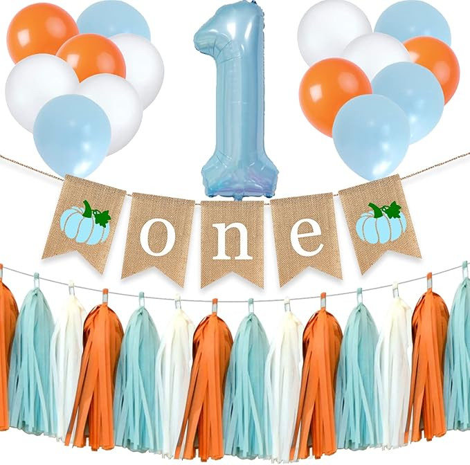Boy Pumpkin 1st Birthday Supplies Blue Orange Little Pumpkin One High Chair Banner Fall Burlap Au... | Amazon (US)
