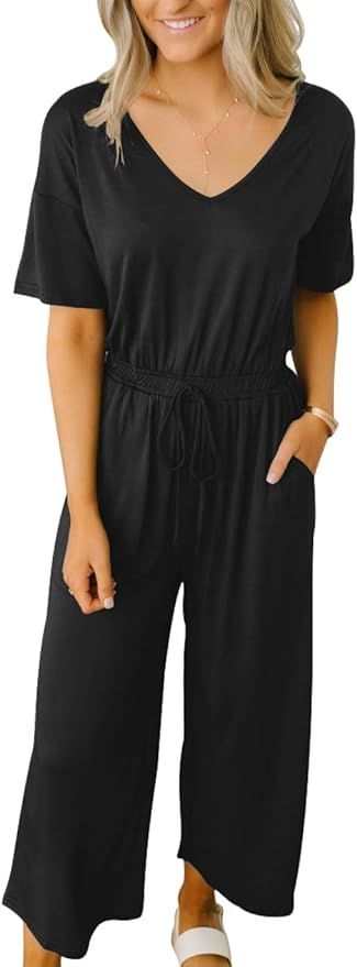 Margrine Women’s Sexy Deep V Neck Short Sleeve Elastic Waist Jumpsuit Romper with Pockets | Amazon (US)