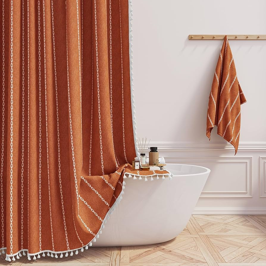BTTN Boho Farmhouse Shower Curtain, Linen Rustic Weighted Striped Fabric Shower Curtain Set with ... | Amazon (US)
