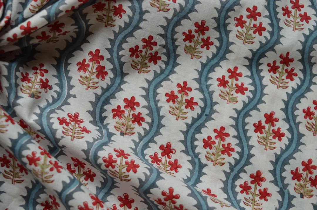 Jaipur Hand Block Printed Cotton Fabric Red and Blue Blossoms and Teal Lattice Design, Artisan Dr... | Etsy (US)