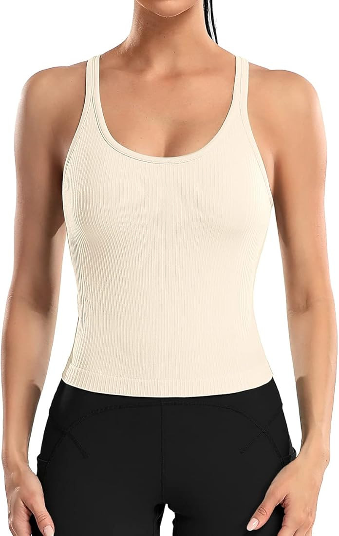 ATTRACO Women Ribbed Workout Crop Tops with Built in Bra Yoga Racerback Tank Top Tight Fit | Amazon (US)