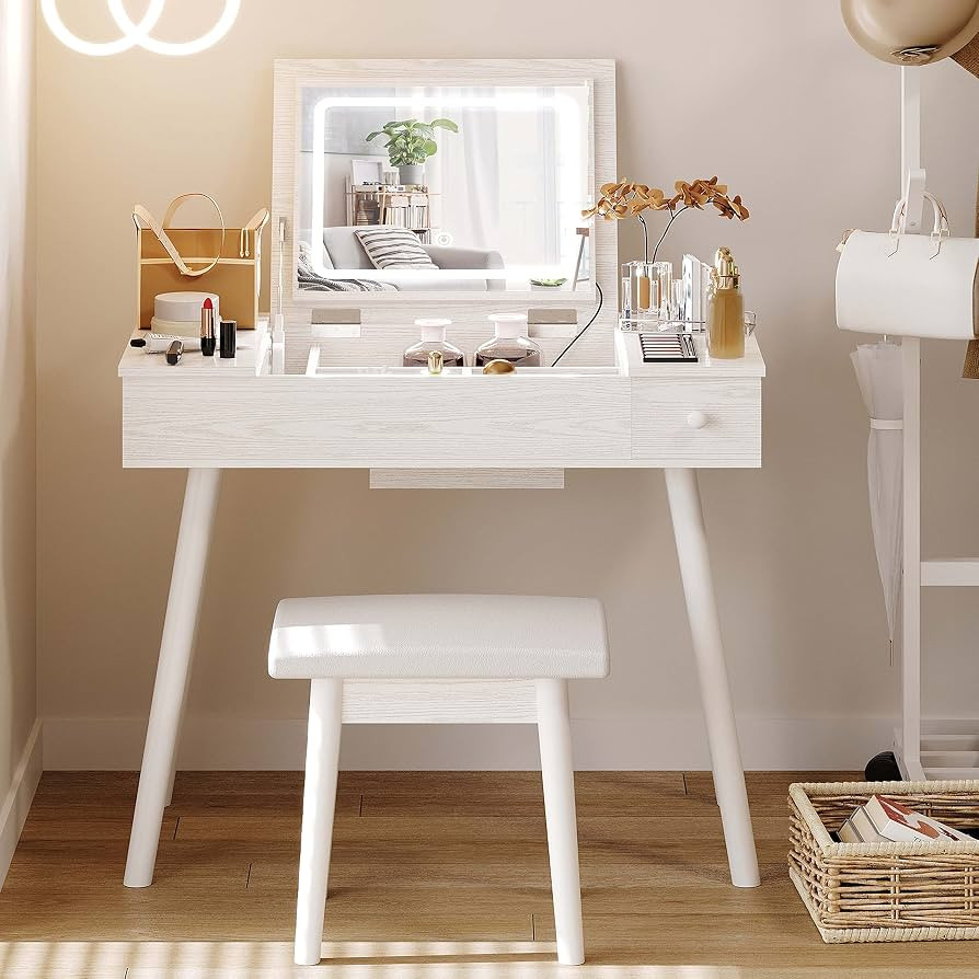 IRONCK Vanity Desk Set with LED Lighted Mirror & Power Outlet, Flip Top Makeup Vanity Table with ... | Amazon (US)