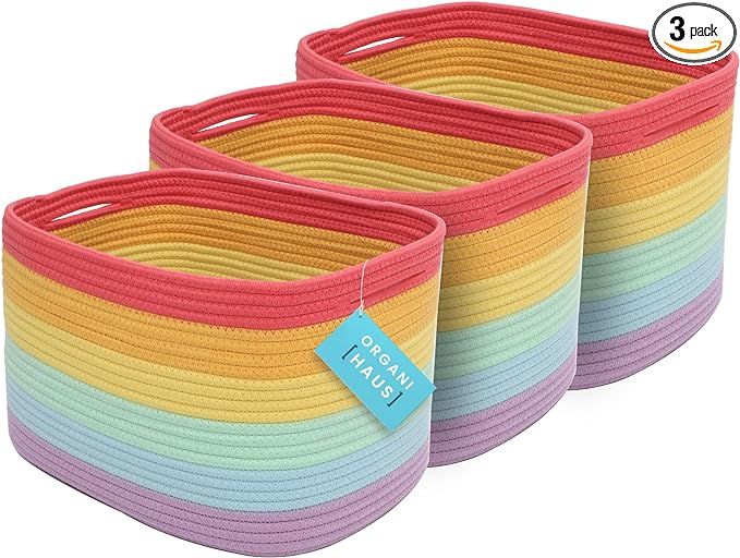 OrganiHaus Set of 3 Cute Rainbow Storage Basket for Toys & Cloths | Cotton Rope Basket for Decor ... | Amazon (US)