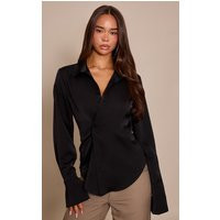 Black Satin Asymmetric Button Shirt | PrettyLittleThing UK