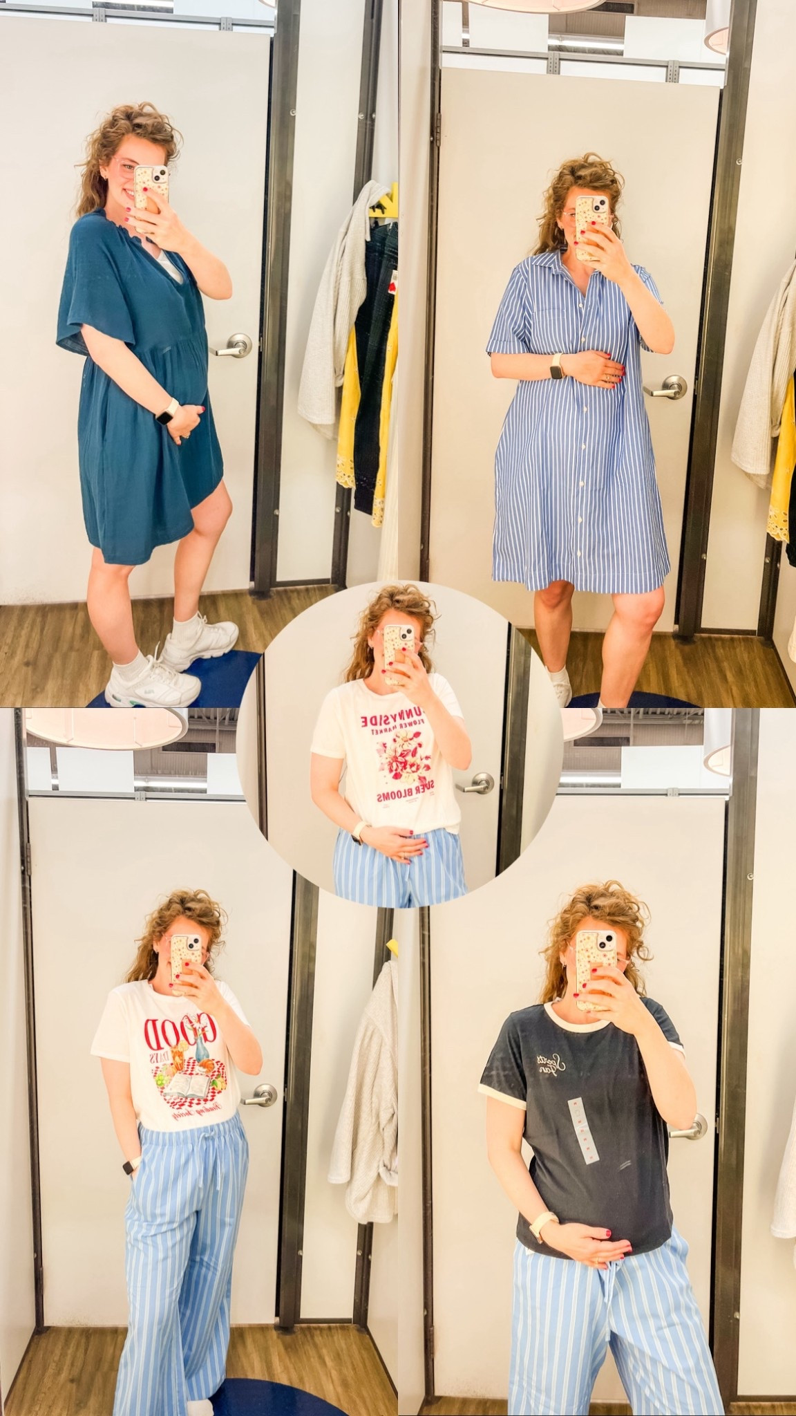 The gauze crinkle dress made me feel like a 10/10 so I snagged it SO fast!!! Trying to find items I’ll feel good in my whole pregnancy AND postpartum!!🥰 got in a medium! 

This other dress was in a large and I ended up not getting it because I already have 3 other striped blue dresses and I felt maybe that was enough 😅😂

T-shirts were all in a size large besides the navy blue “sports fan” one! Pajamas pants were in a medium and SO comfy! 