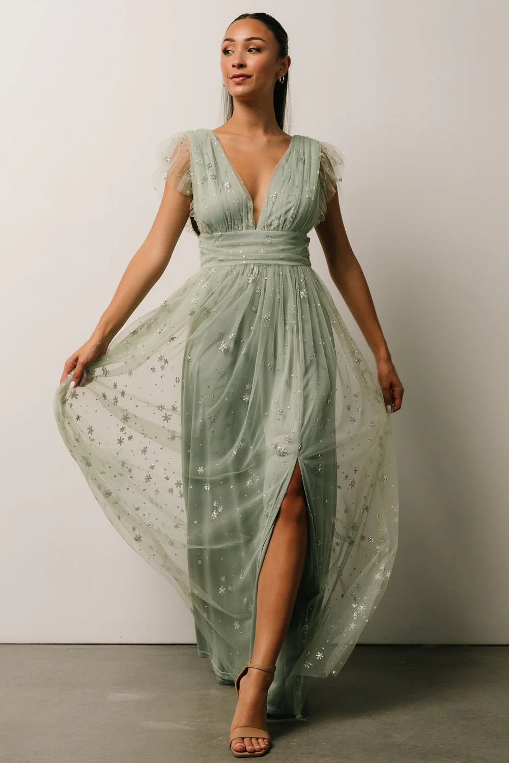 Nova Shimmer Maxi Dress | Sage + Silver | Baltic Born