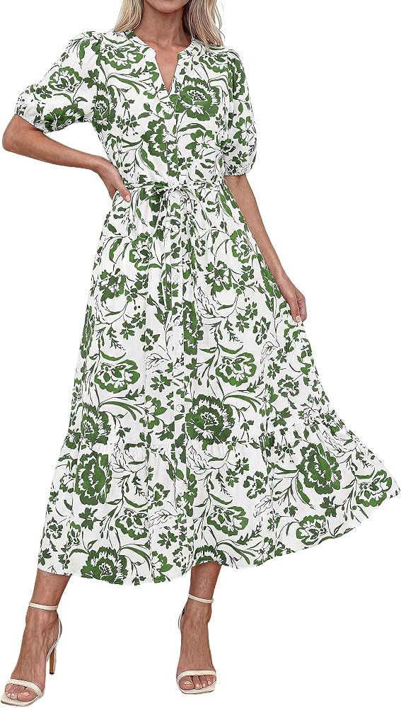 Okiwam Summer Dresses for Women 2026 Casual V Neck Short Sleeve Boho Floral Midi Dress Button Dow... | Amazon (US)