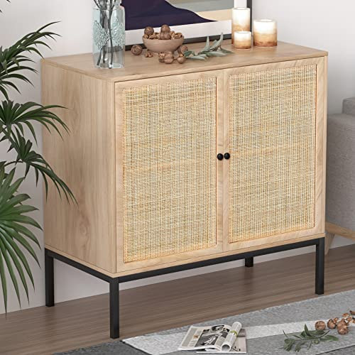 XIAO WEI Sideboard Buffet Cabinet with 2 Natural Rattan Decorated Doors, 31.5" W Accent Rattan Cabinet, Boho Credenza Storage Cabinet, for Living Room Dining Room Hallway, Metal Legs, Natural | Amazon (US)