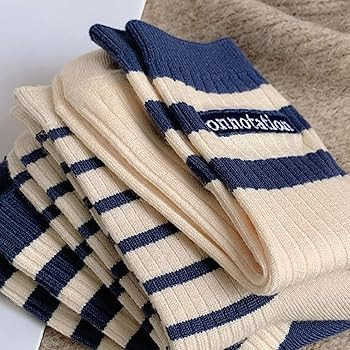 CHUNFO Womens Striped Ankle Socks Cute Letter Embroidered Athlete Navy White Crew Cotton Casual S... | Amazon (US)