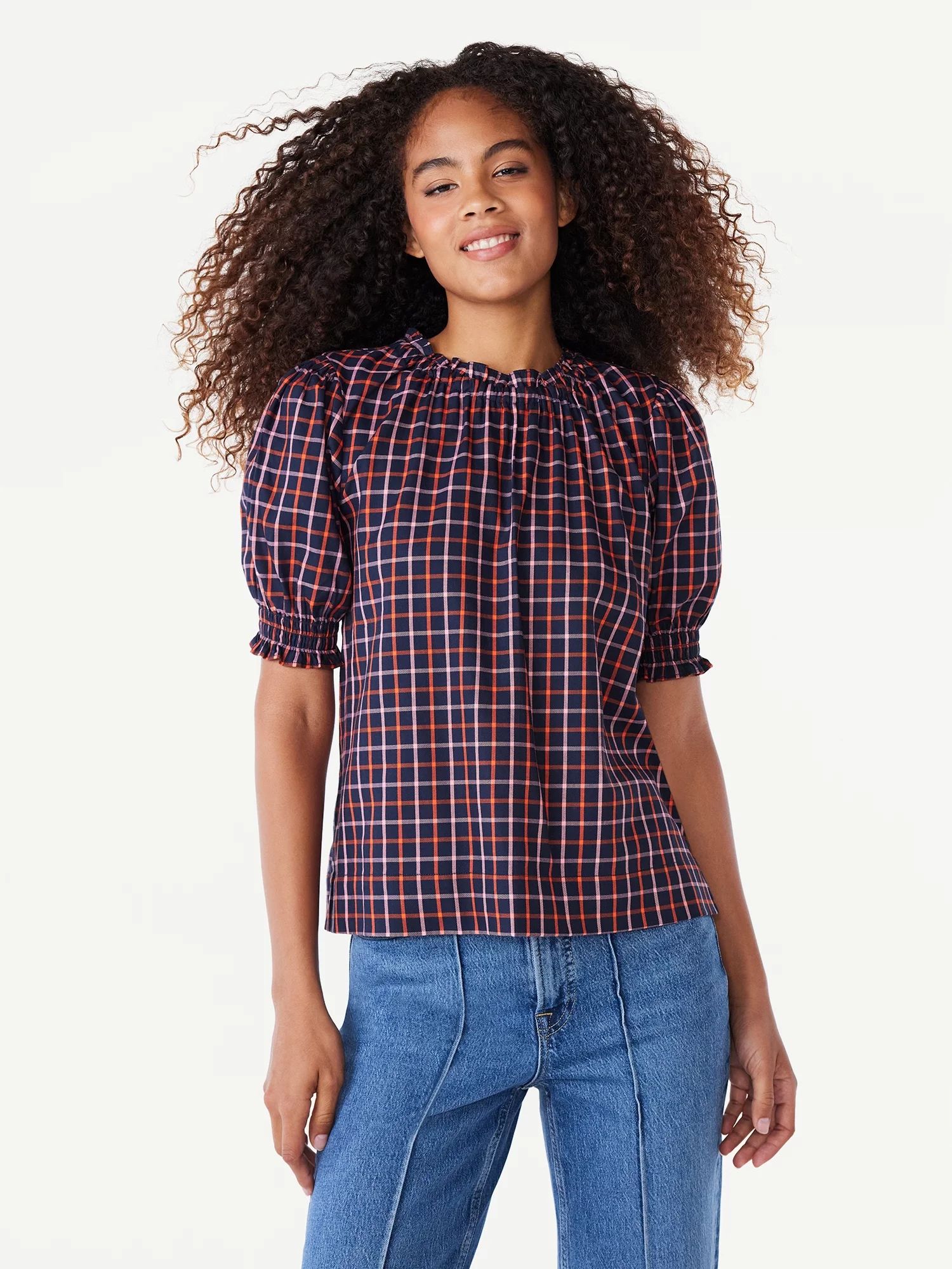 Free Assembly Women's Plaid Ruffle Neck Top with Short Puff Sleeves, Sizes XS-XXL | Walmart (US)