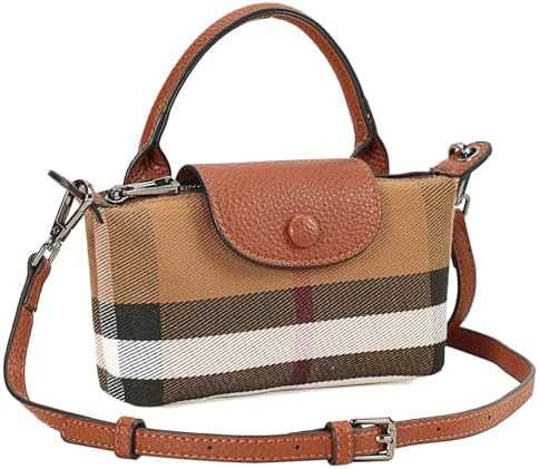 Mini Plaid Canvas Handbag for Women PU Leather Top Handle Checked Bucket Hand Bag | Amazon (US)