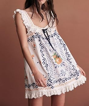 Women Ruffle Babydoll Mini Dress Cute Bow Flowy Sundress Floral Loose Sling Dress Lace Trim Going... | Amazon (US)