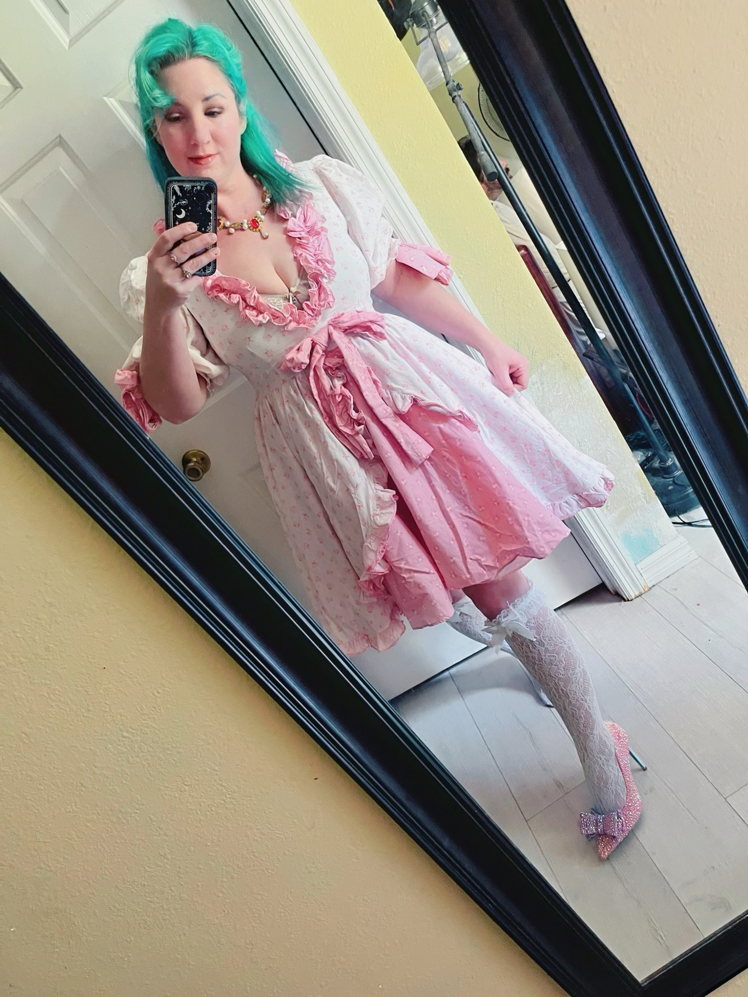 Today’s outfit and trying on the shoe I have been putting rhinestones on. 🥰the other heel is in progress!! 
#dopaminedressing #selkie #princessdress #pinkdress #craftproject 

#LTKSummerEdit #LTKOver40