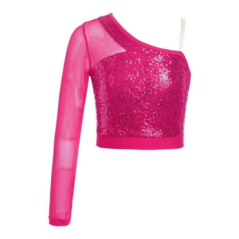 vastwit Kids Girls Jazz Streetwear T-shirt Dance Top Single Long Mesh Sleeve Shiny Sequins Crop T... | Walmart (US)