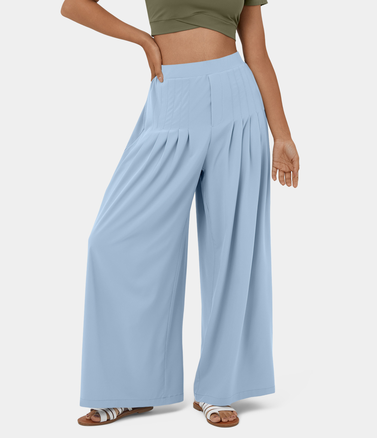 Halara Breezeful™ Mid Rise Pleated Side Pocket Plain Wide Leg Flowy Quick Dry Casual Pants - Thin Ice Blue - S(regular) | HALARA