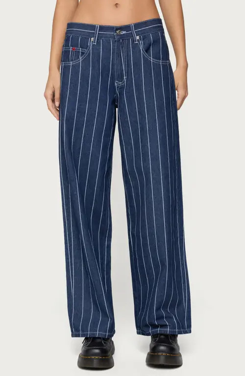 EDIKTED Kyler Pinstripe Wide Leg Low Rise Jeans in Dark-Blue at Nordstrom, Size Small | Nordstrom