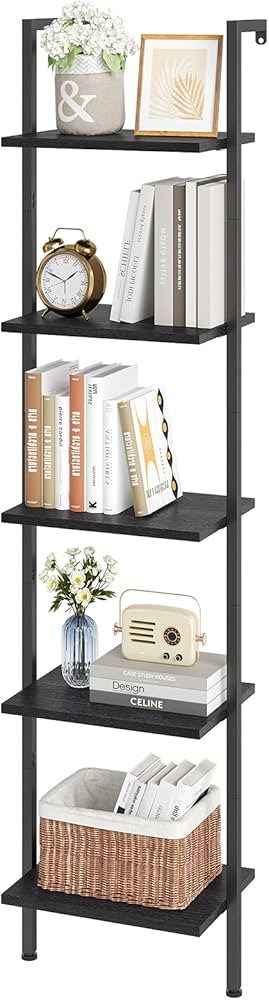 ELYKEN Ladder Shelf, 5-Tier Wood Wall Mounted Bookshelf with Metal Frame, Vintage Open Display Or... | Amazon (US)