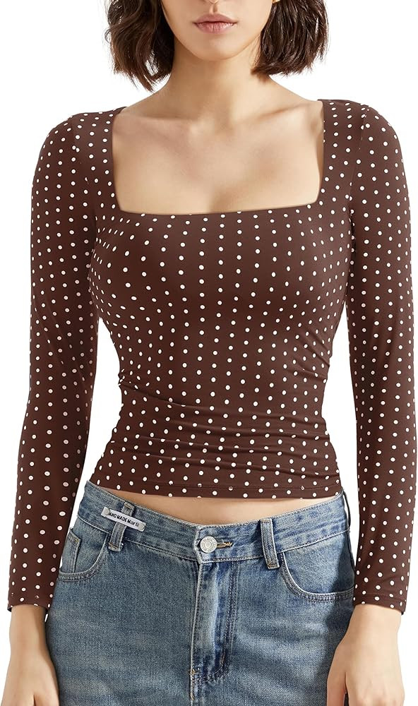 SUUKSESS Women Square Neck Long Sleeve Tops Double Lined Going Out T Shirts | Amazon (US)