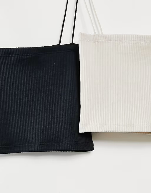 Pull&Bear 2 pack ribbed strappy crop top in black and white | ASOS (Global)