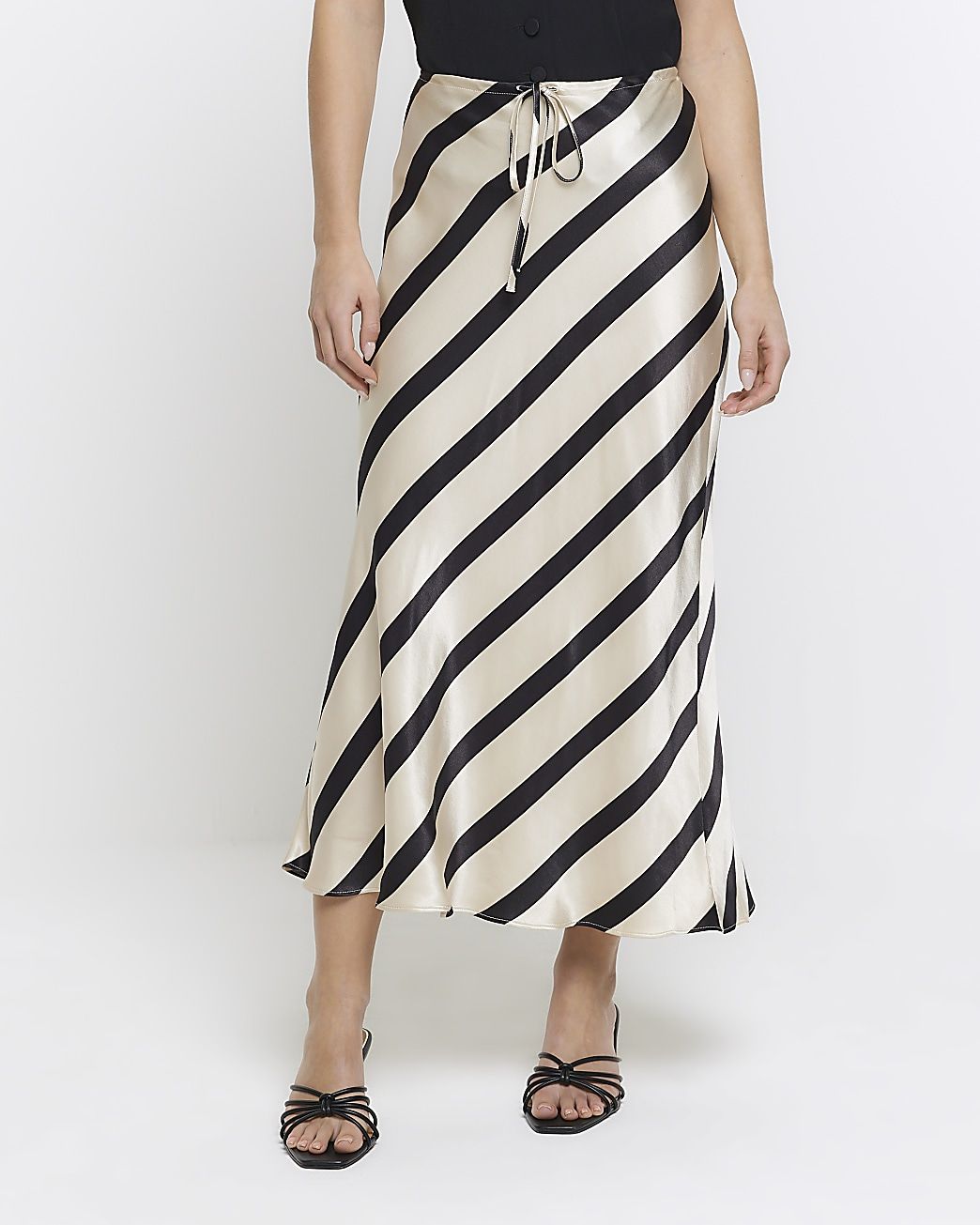 Petite black satin stripe midi skirt | River Island (UK & IE)