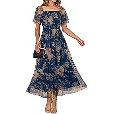 Simplee Womens Floral Maxi Dresses 2026 Summer Square Neck Mesh Short Sleeve Smocked Boho Flowy W... | Amazon (US)