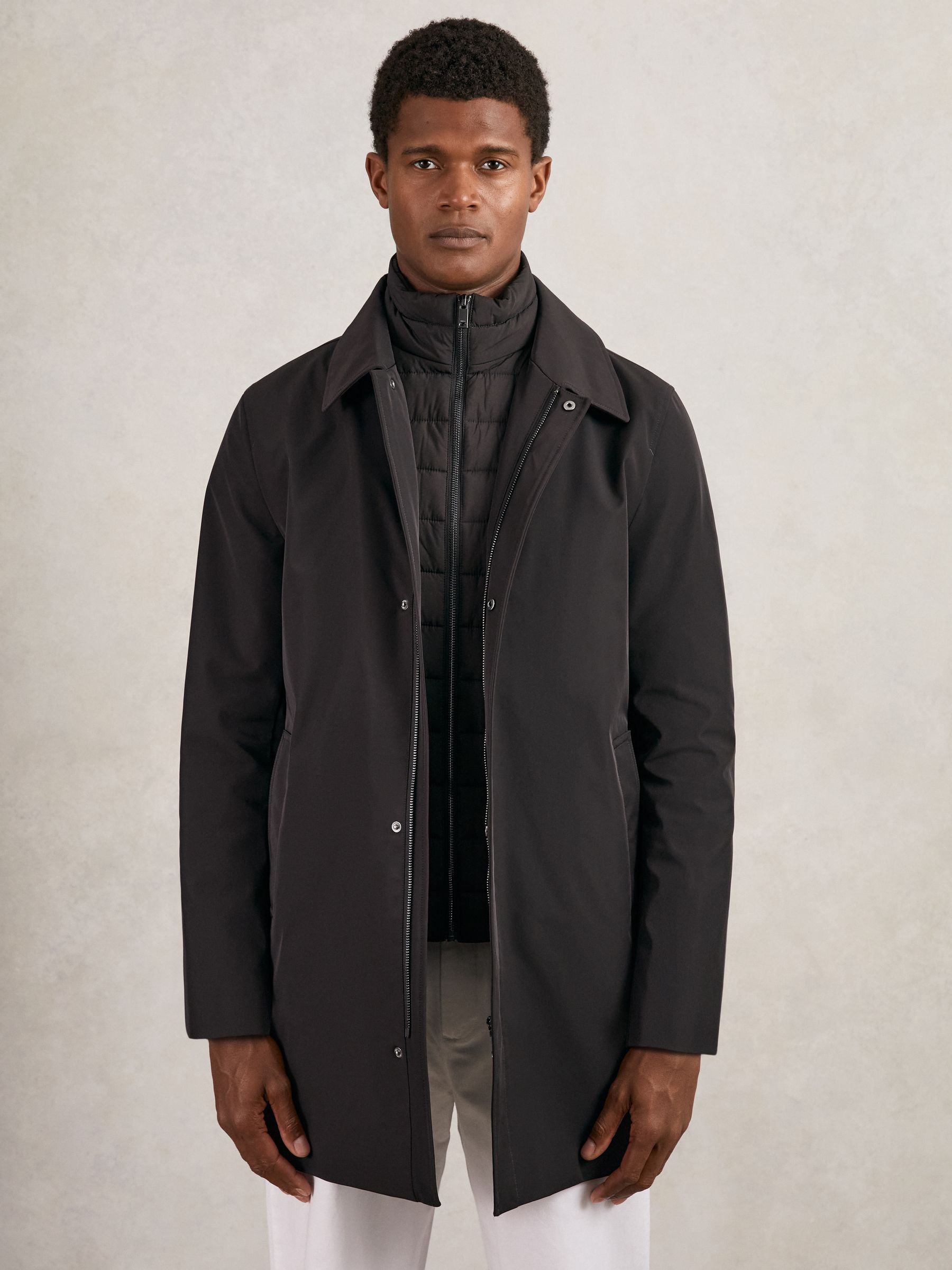 Reiss Hybrid Removable Funnel Neck Overcoat in Brown - REISS | Reiss UK