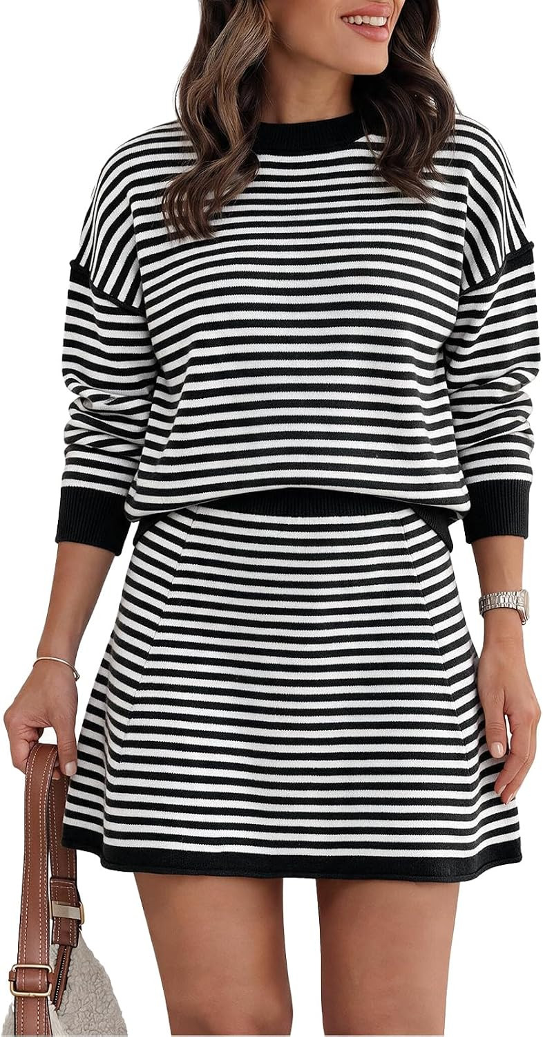 Tankaneo Women 2 Piece Striped Sweater Skirt Set Fall Outfits Matching Sets | Amazon (US)