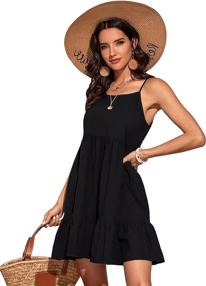 SweatyRocks Women's Spaghetti Strap Ruffle Hem Solid Cami Babydoll Dresses | Amazon (US)