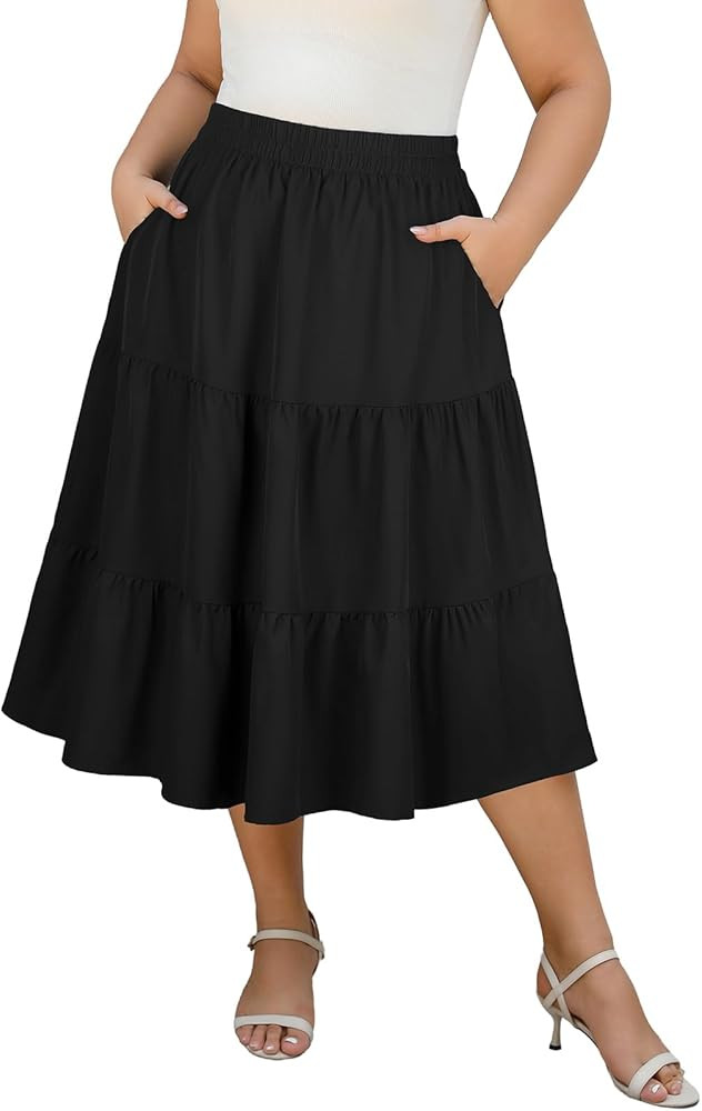 Women's Plus Size Casual Summer Midi Skirt with Pockets 1X-4X Tiered Lightweight A-line Skirts | Amazon (US)