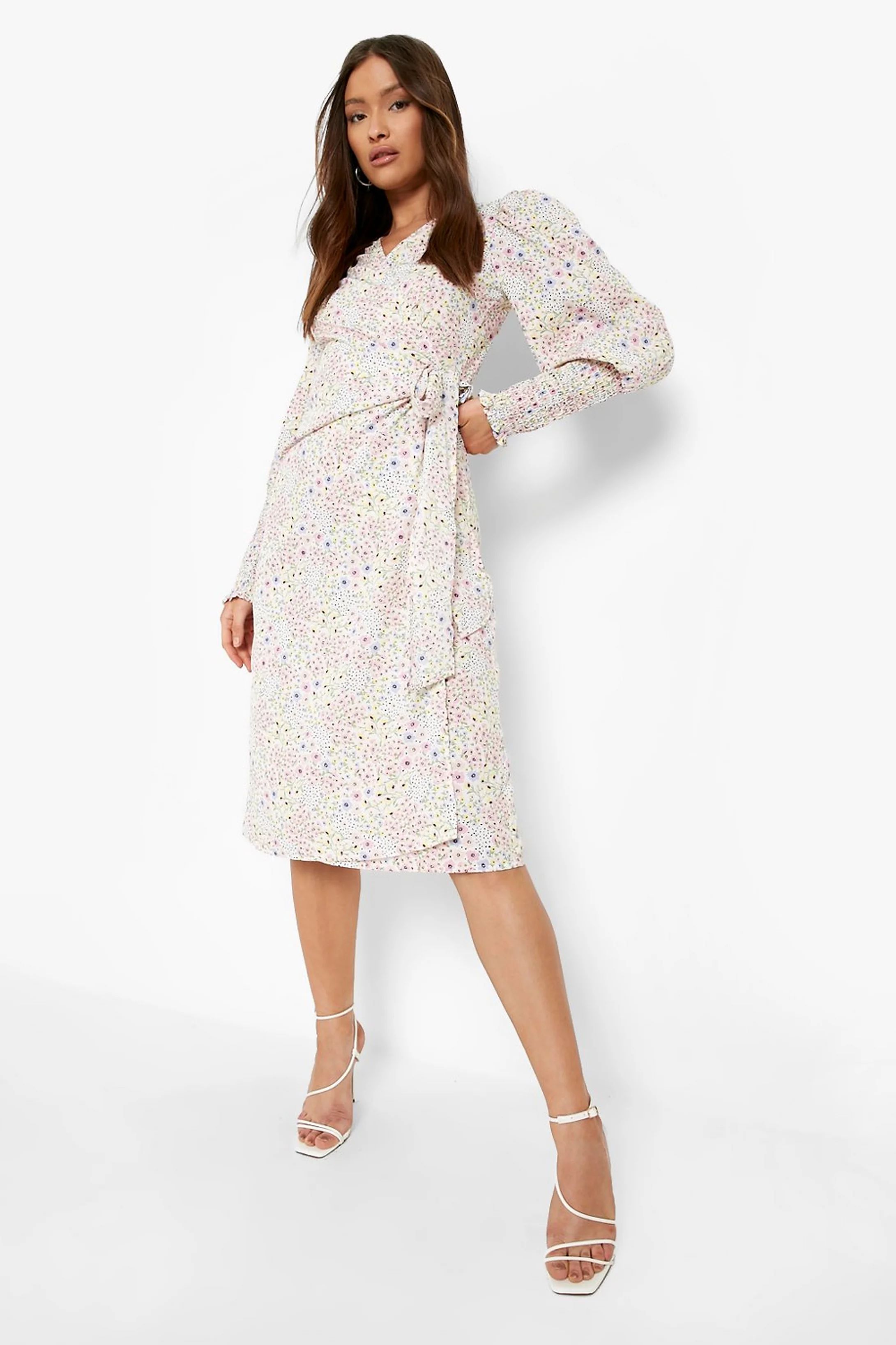 Ditsy Floral Shirred Puff Sleeve Midi Dress | Boohoo.com (US & CA)