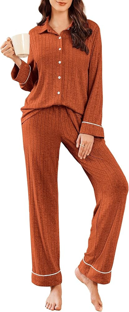 Ekouaer Womens Pajama Sets Long Sleeve Ribbed Knit Lounge Set Button Down Soft 2 Piece Pjs With P... | Amazon (US)
