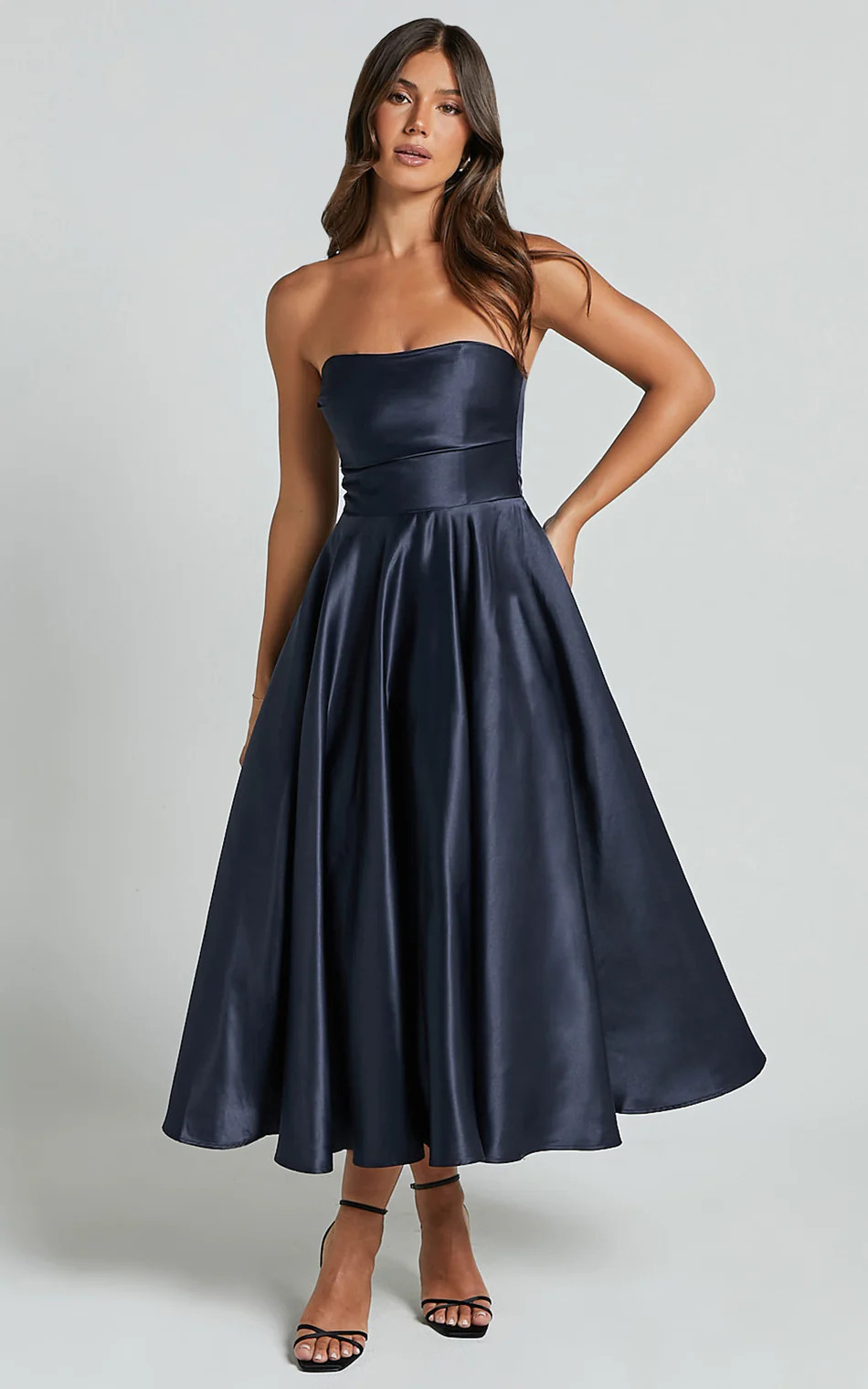 Helaina Midi Dress - Strapless A-Line Satin Dress in Navy | Showpo (US, UK & Europe)