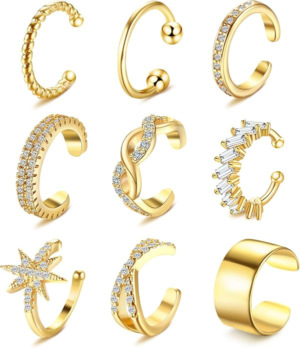 9Pcs Ear Cuff 14K Gold Plated Cuff Earrings Gold Ear Cuffs Non Pierced | Amazon (US)