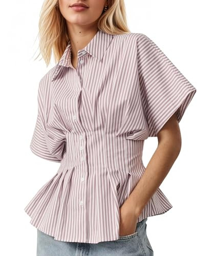 Soamat Womens Striped Button Down Shirts Short Sleeve Pleated Peplum Shirts Dressy Casual Lapel Tops Summer Business Blouse,Purple, Small | Amazon (US)