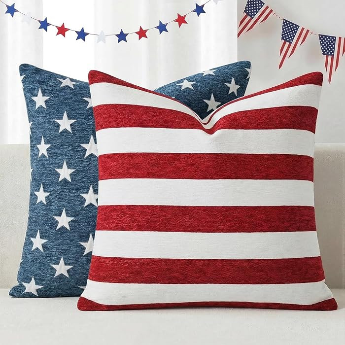 Kevin Textile 4th of July Pillow Covers 18x18 inch Set of 2 Soft Double-Side Chenille Throw Pillo... | Amazon (US)