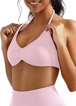 OMKAGI Halter Sports Bras for Women Padded Strappy Bra Open Back Workout Gym Crop | Amazon (US)