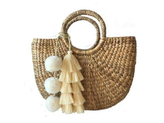 Tassel Pompoms for handbags, Straw bag tassel charm, Beach bag Pom decor, Tote Bag Tassel Pom Pom... | Etsy (US)