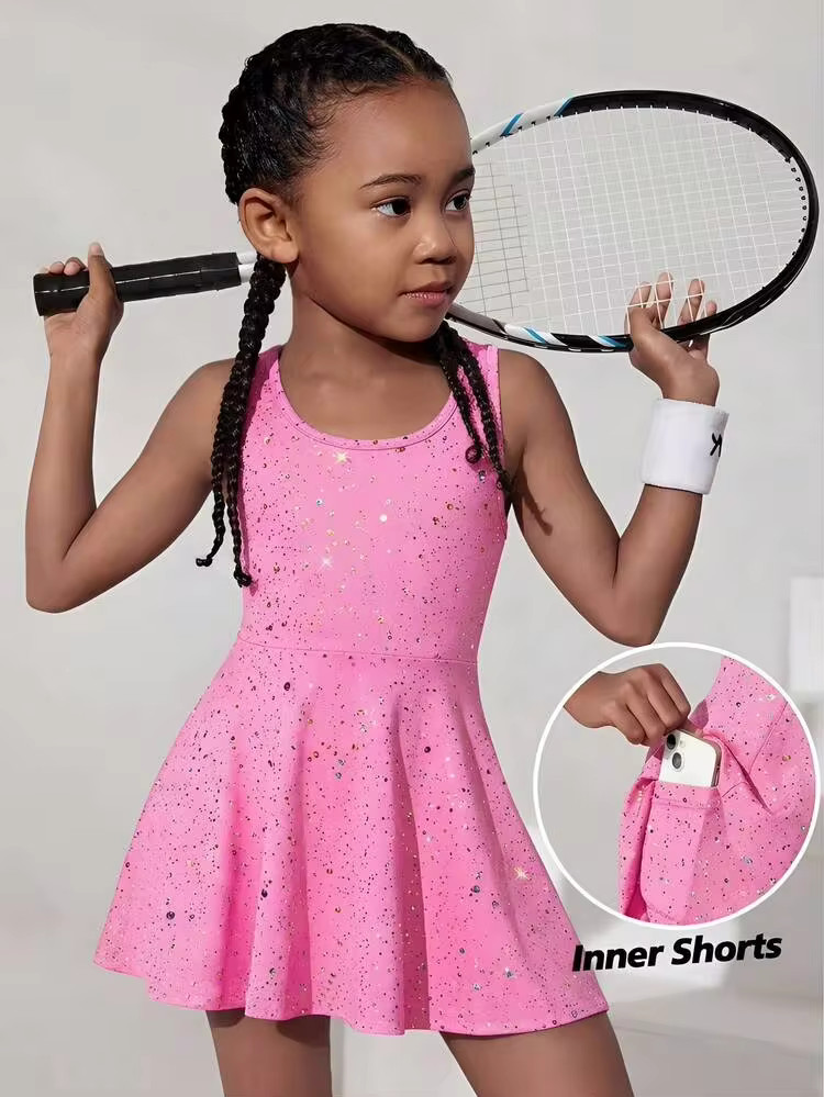 SHEIN Young Girls Sparkle Print Tennis Skater Dress With Inner Shorts, Summer Girls Light Pink Gl... | SHEIN