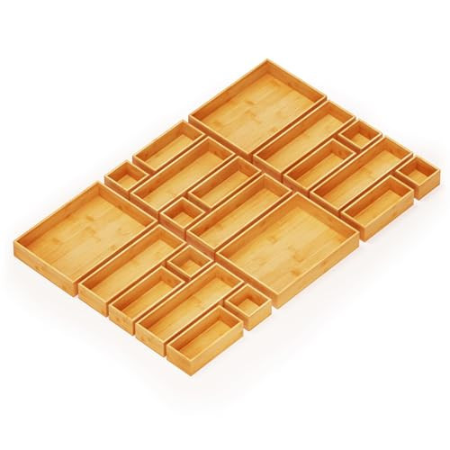 SpaceAid 21-Piece Bamboo Drawer Organizer Storage Boxes Set, Wood Tray Junk Drawer Organizers Multi-Use Divider Bins for Kitchen, Bathroom, Office Desk and Makeup Organization (21 Pack, Natural) | Amazon (US)