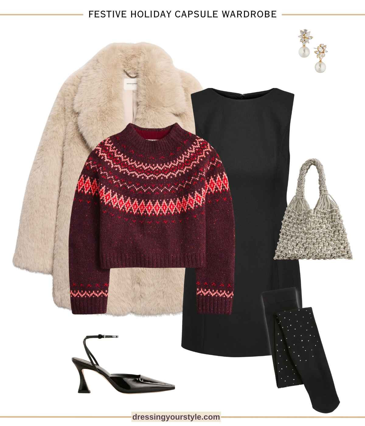 Festive holiday outfit with little black dress, burgundy fair isle sweater and faux fur coat  

#LTKSaleAlert #LTKHoliday #LTKSeasonal
