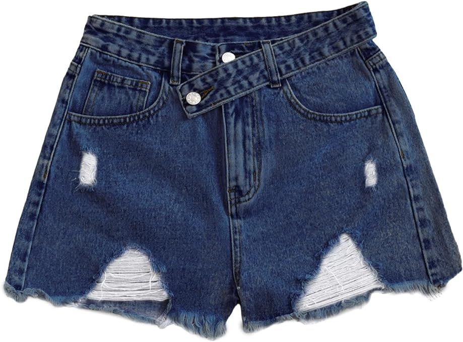 SweatyRocks Women's Casual High Waist Raw Hem Ripped Denim Jean Shorts with Pocket | Amazon (US)